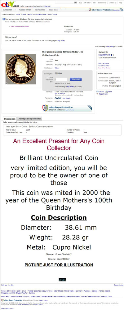 seagold30 eBay Listings Using Our 2000 Queen Mother Centenary Proof Gold Five Pound Coin Reverse Photograph
